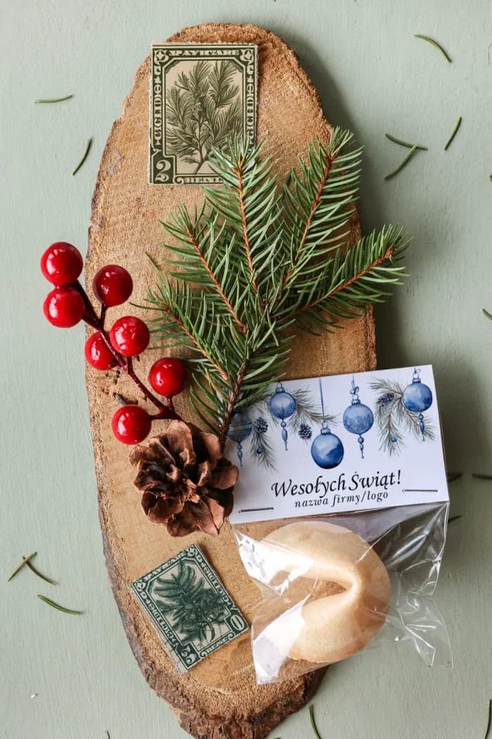 Ciasteczko z wróżbą z logo firmy, niebieskie bombki | Świąteczne upominki biznesowe | CZW6