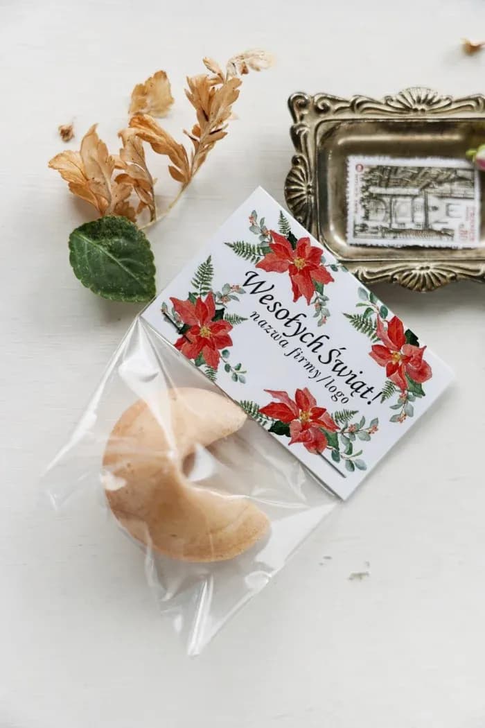 Ciasteczko z wróżbą z logo, motyw kwiatów | Upominki świąteczne dla firm, prezenty dla klientów | CZW15