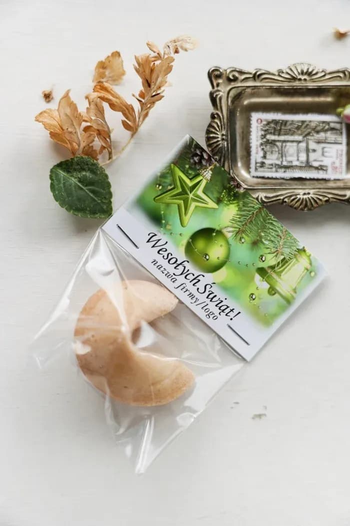 Ciasteczka z Wróżbą dla Firm z Logo, Zielone Bombki | Upominki Świąteczne dla Klientów | CZW17