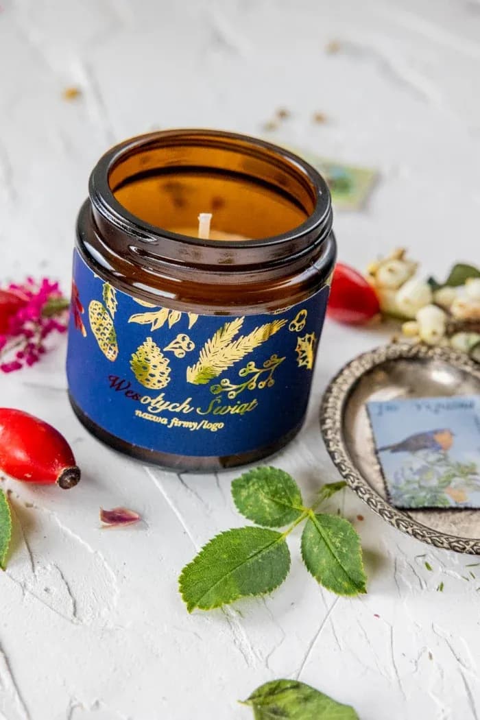 Świeca Sojowa z Logo Firmy, Złocona Etykieta | Biznesowe Upominki Świąteczne | SE10