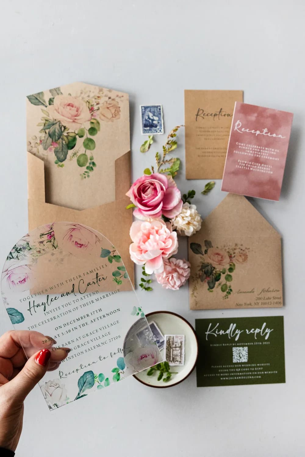 Zaproszenia na Wesele Pastelowe Róże PR4 – Karta na Pleksi z Etui Kraft - 2