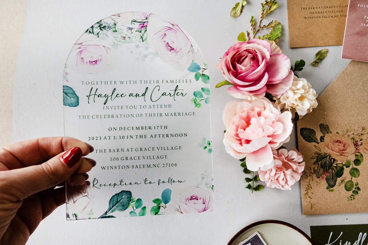 Zaproszenia na Wesele Pastelowe Róże PR4 – Karta na Pleksi z Etui Kraft - 3