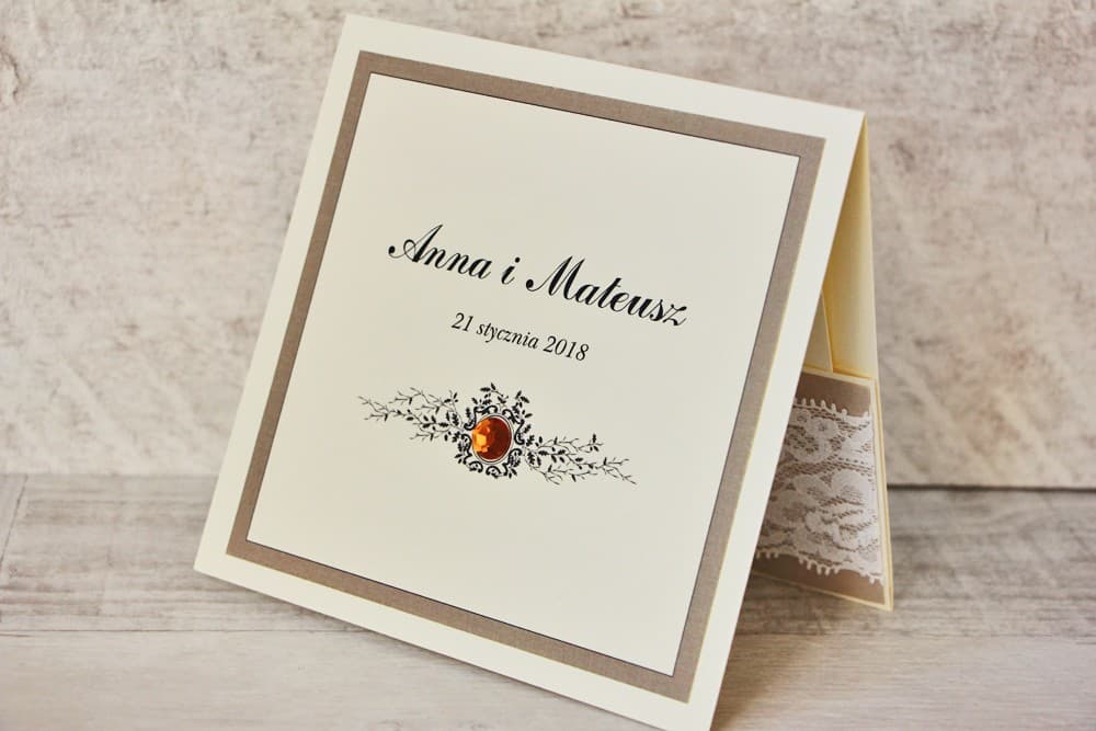 Zaproszenia ślubne glamour z koronką i cyrkoniami na papierze lnianym – Koronka nr 4 - 3