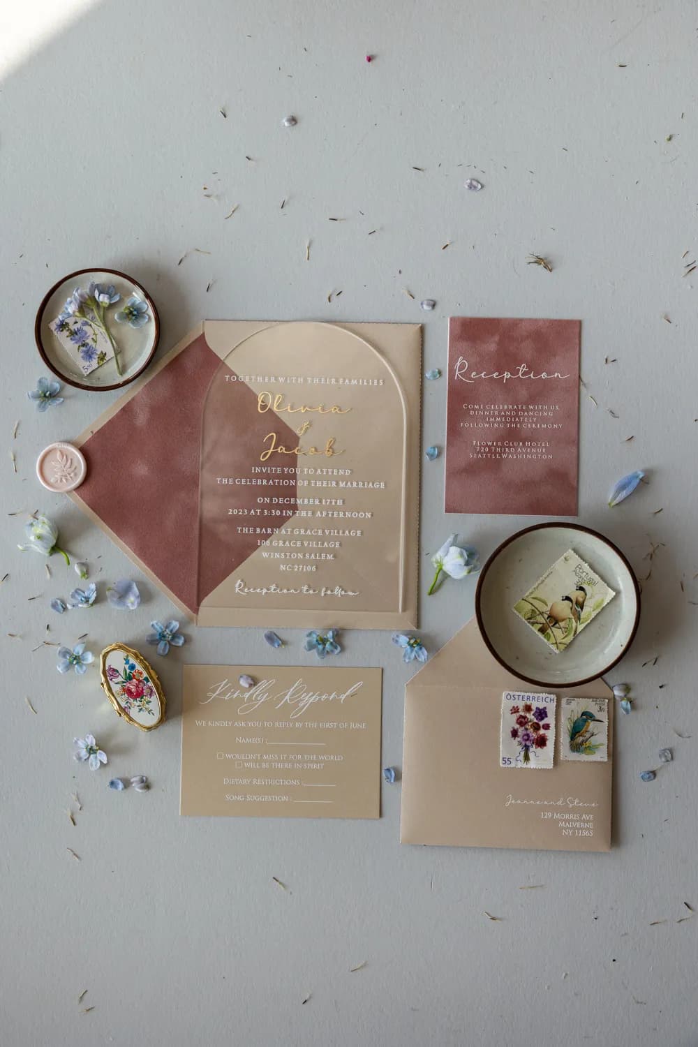 Zaproszenia na Wesele Pleksi Łukowe PR17 – Przezroczyste Karty ze Złoceniem i Welurem - 2