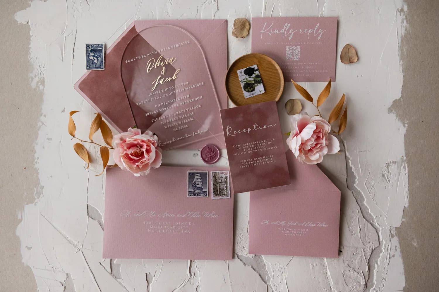 Zaproszenie na Wesele Romantyczne PR23 – Złocony Łuk z Różowym Welurem - 3