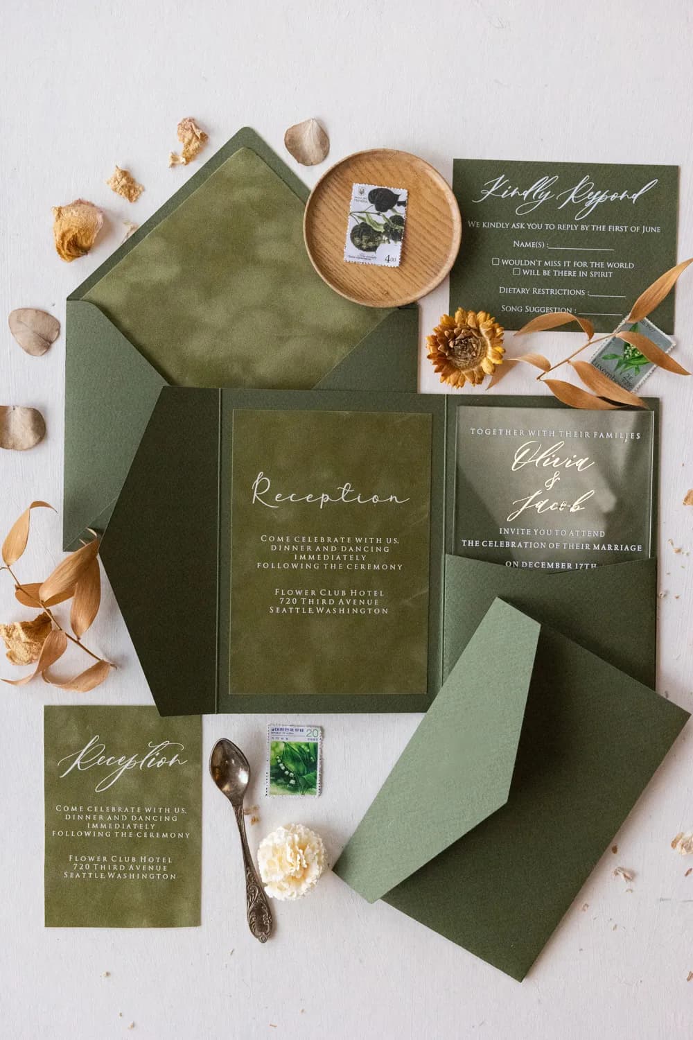 Zaproszenia na Wesele PR32 – Złocona Pleksi z Welurem w Butelkowej Zieleni - 3