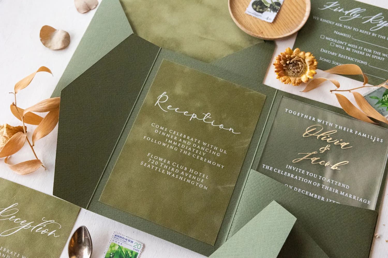 Zaproszenia na Wesele PR32 – Złocona Pleksi z Welurem w Butelkowej Zieleni - 6