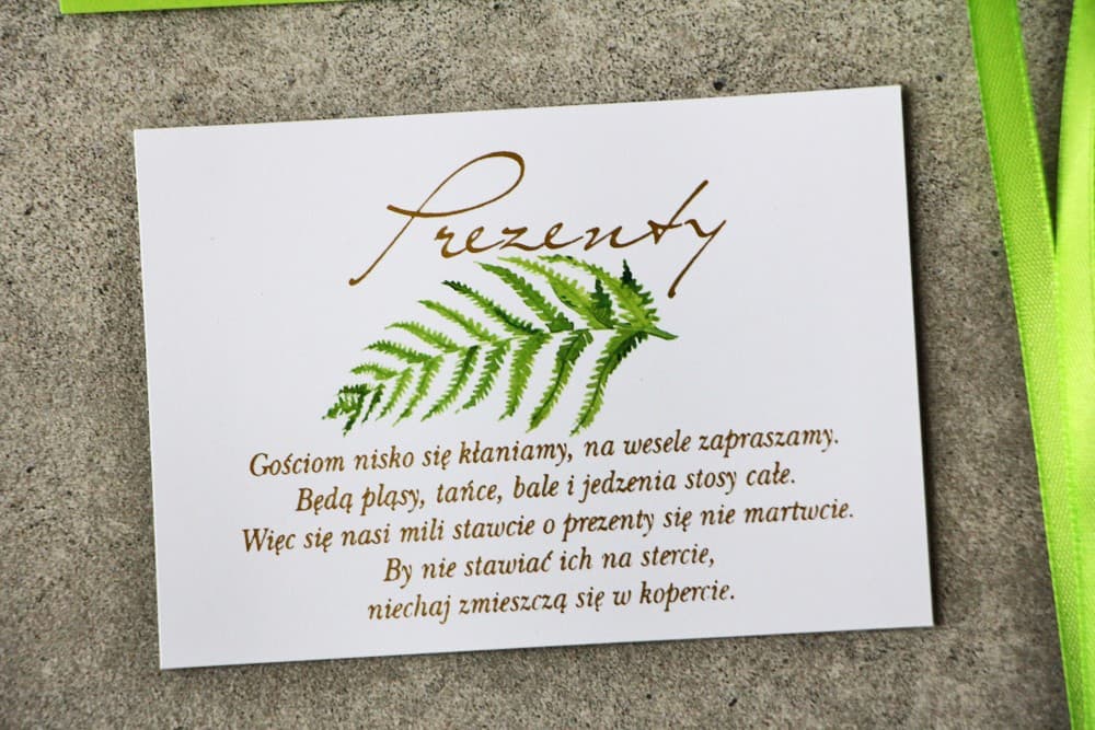 Złocony Bilecik z Motywem Paproci, Wkładka z Prośbą o Pieniądze | Bileciki Informacyjne do Zaproszeń Ślubnych | Cykade nr 11