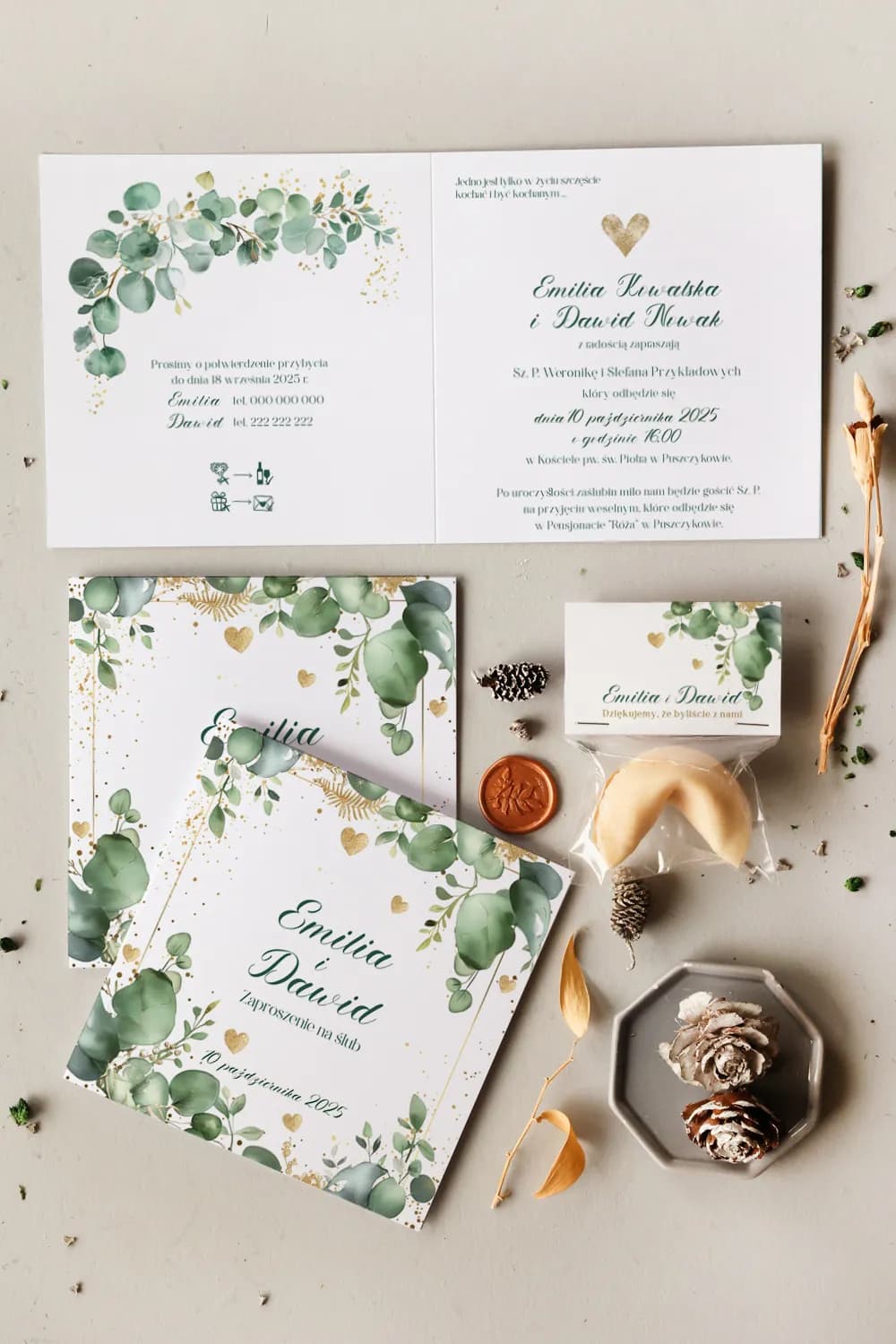 Zaproszenia na Wesele Cejla nr 10 – Złocony Motyw Eukaliptusa