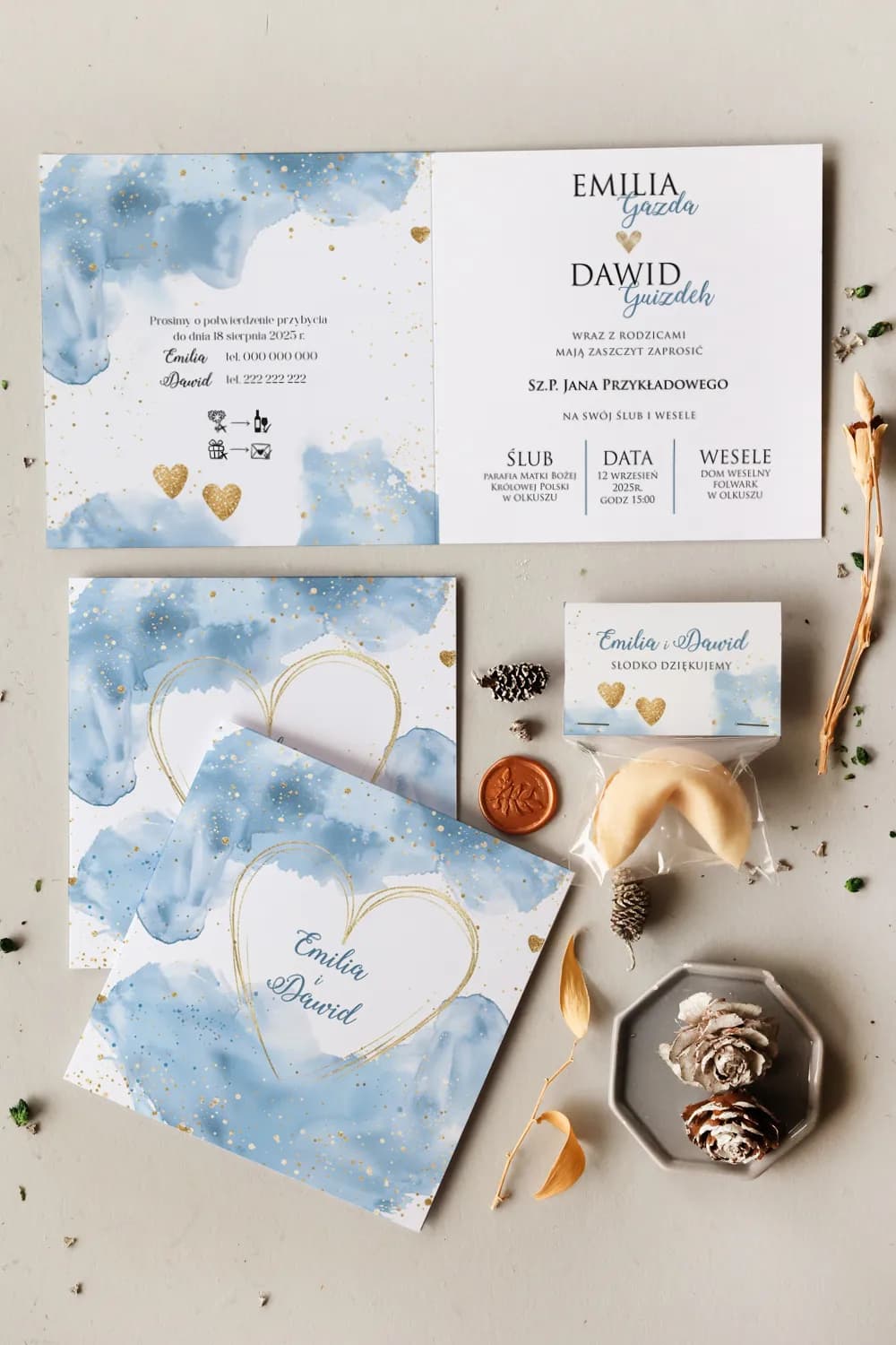 Zaproszenie na Wesele Cejla nr 20 – Styl Akwarelowy ze Złotym Sercem