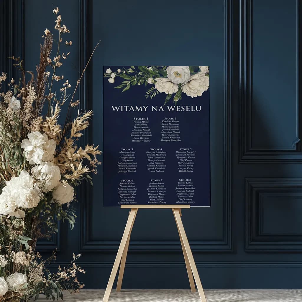 Granatowy plan stołów z białymi peoniami Ruskus nr 3