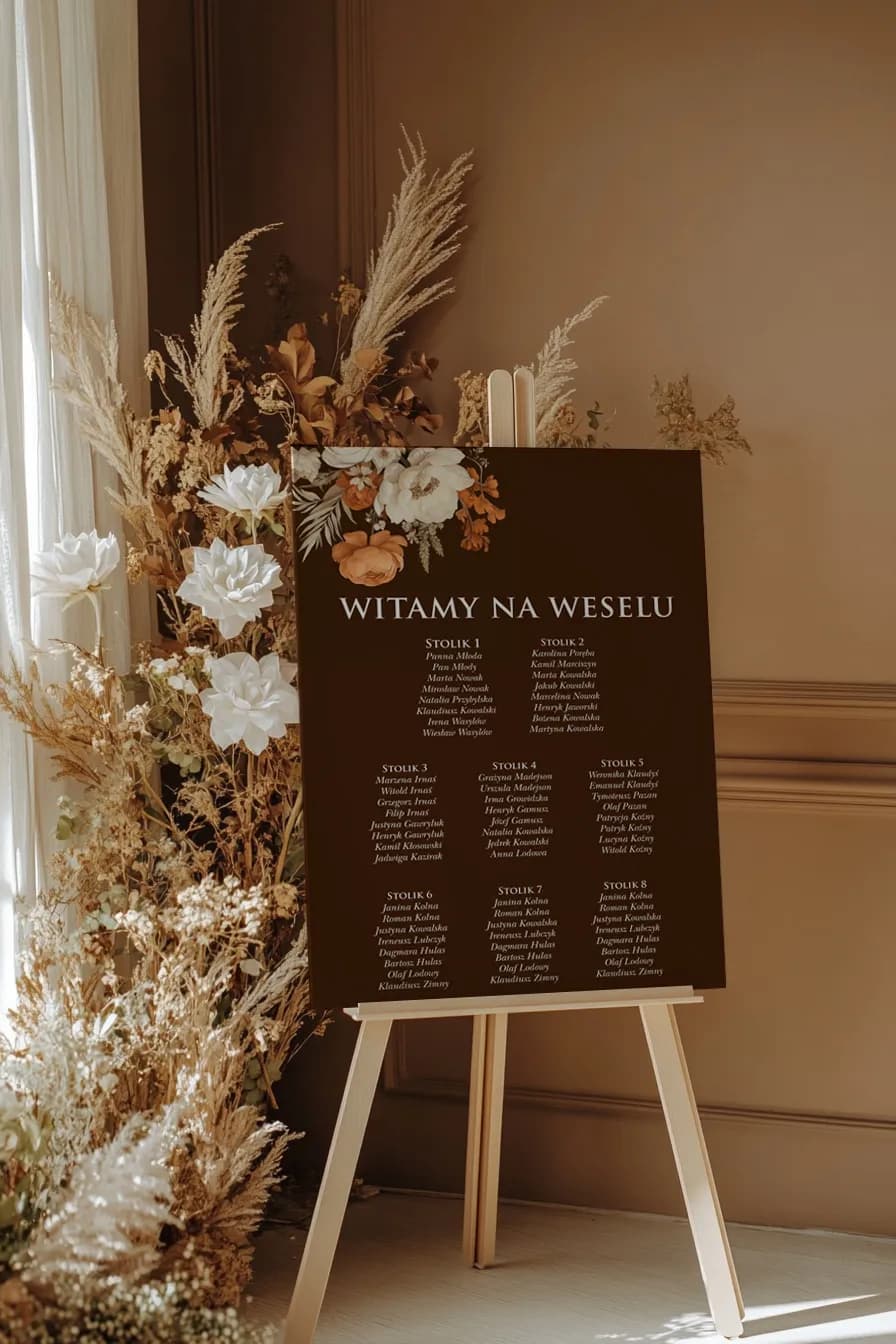 Plan stołów weselnych boho z piwoniami i trawą – Ruskus nr 4