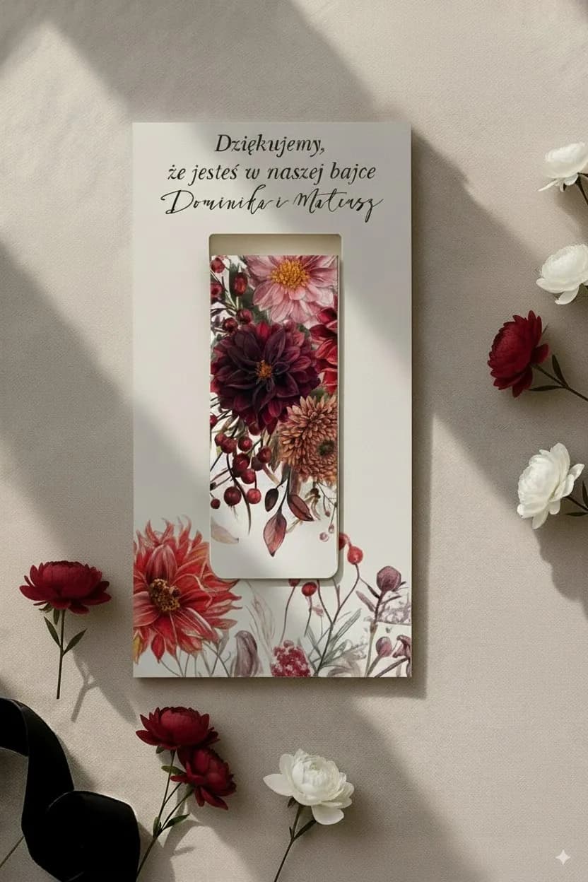 Personalizowana Zakładka do Książki z Dalią w Burgundzie | Wyjątkowy prezent dla gości, jesienny motyw kwiatowy | Impresja nr 6