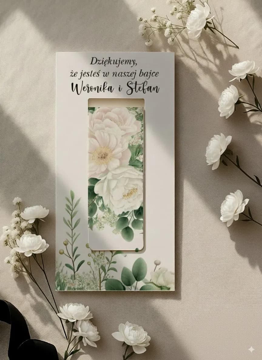 Zakładka magnetyczna z piwoniami, praktyczny upominek dla gości | Personalizowane podziękowanie ślubne | Impresja nr 11