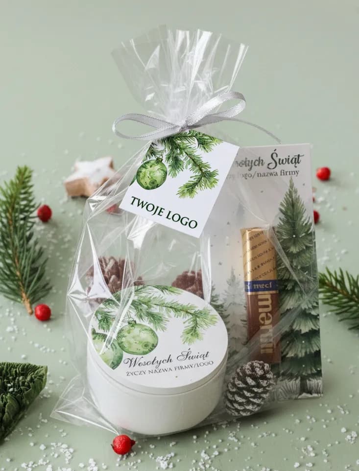 Zestaw świąteczny dla firm ze świecą sojową i czekoladką, akwarelowe gałązki | Upominki bożonarodzeniowe z logo | FL5