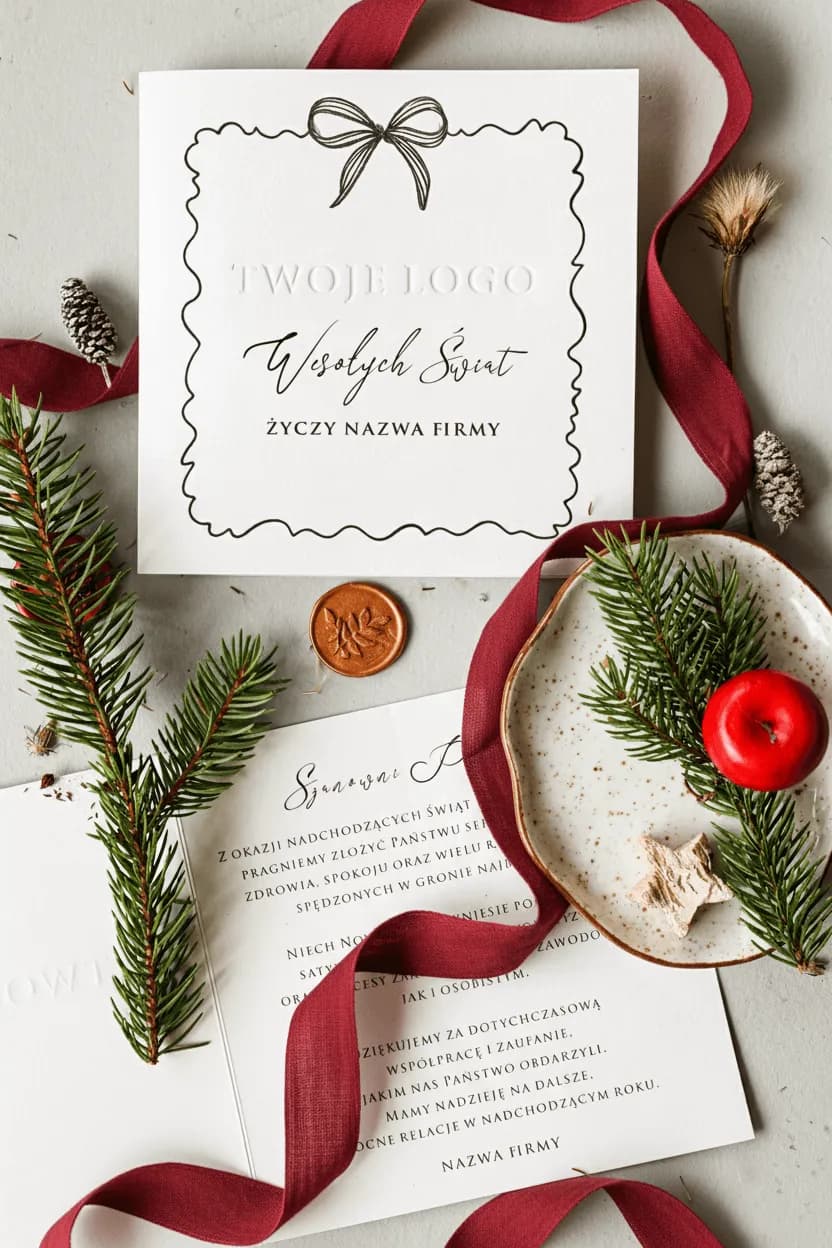 Eleganckie kartki świąteczne z tłoczonym logo i subtelną ramką | Biznesowe kartki bożonarodzeniowe dla firm | TO1