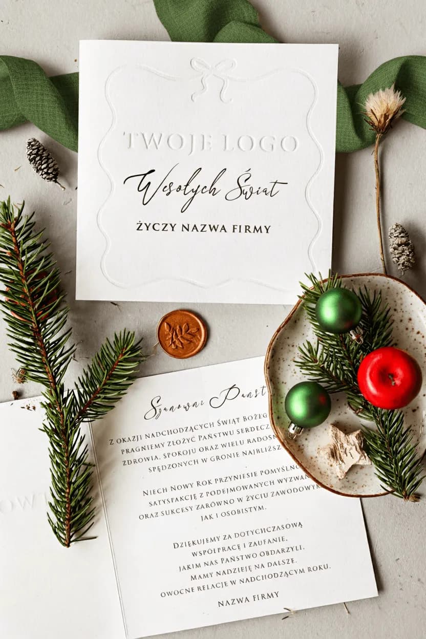 Minimalistyczna Kartka Firmowa Tłoczona Ramka Kokarda Białe Tło | Kartki Biznesowe Świąteczne z Logo | TO4