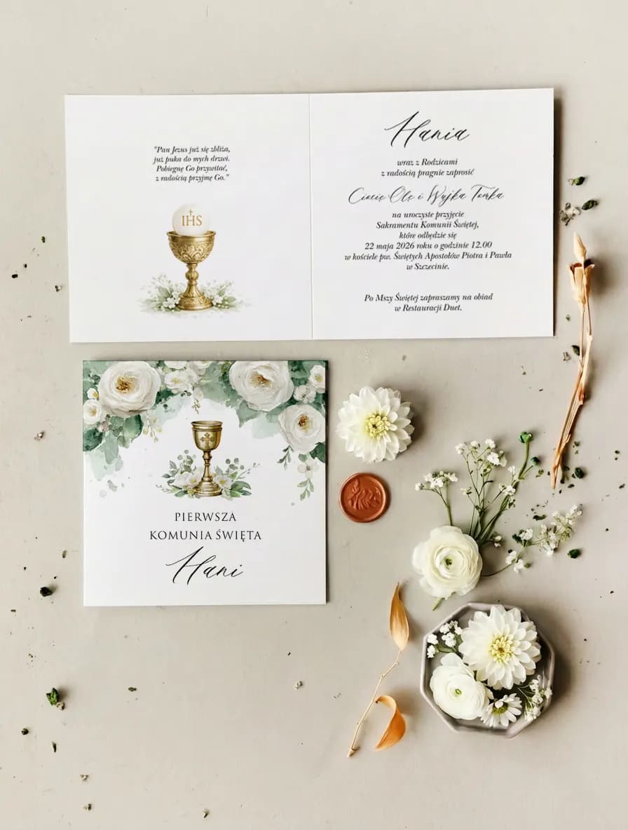 Zaproszenia komunijne z kielichem i różami – Matylda nr 4