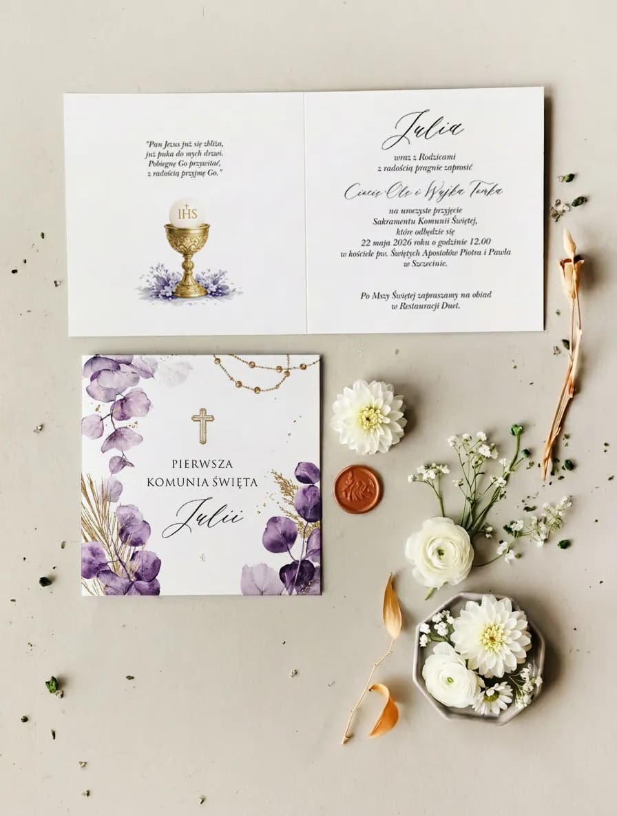 Zaproszenia komunijne z lawendą i złoceniem – Matylda nr 10