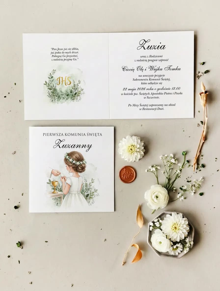Zaproszenia komunijne z dziewczynką i wiankiem – Matylda nr 19