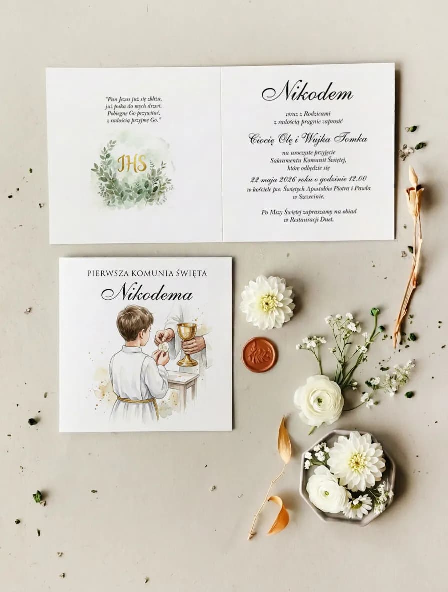 Zaproszenia komunijne akwarelowe z chłopcem – Matylda nr 20