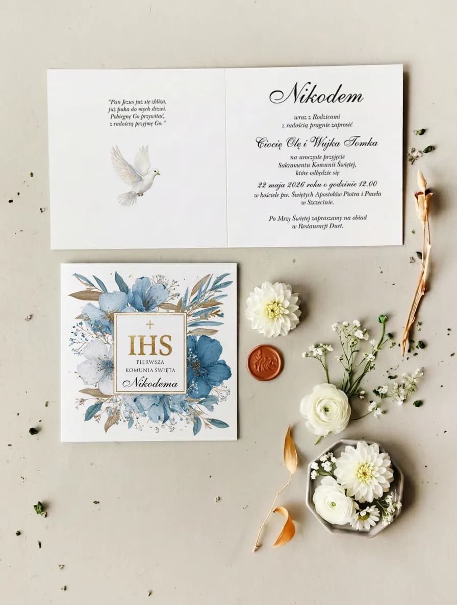 Zaproszenia komunijne z niebieskim motywem IHS – Matylda nr 24