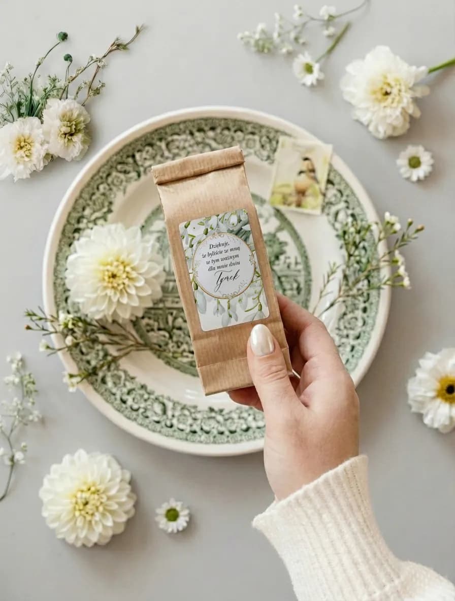 Herbata jako podziękowanie komunijne, etykieta z liśćmi i okrągłą ramką | upominki dla gości | Matylda nr 3