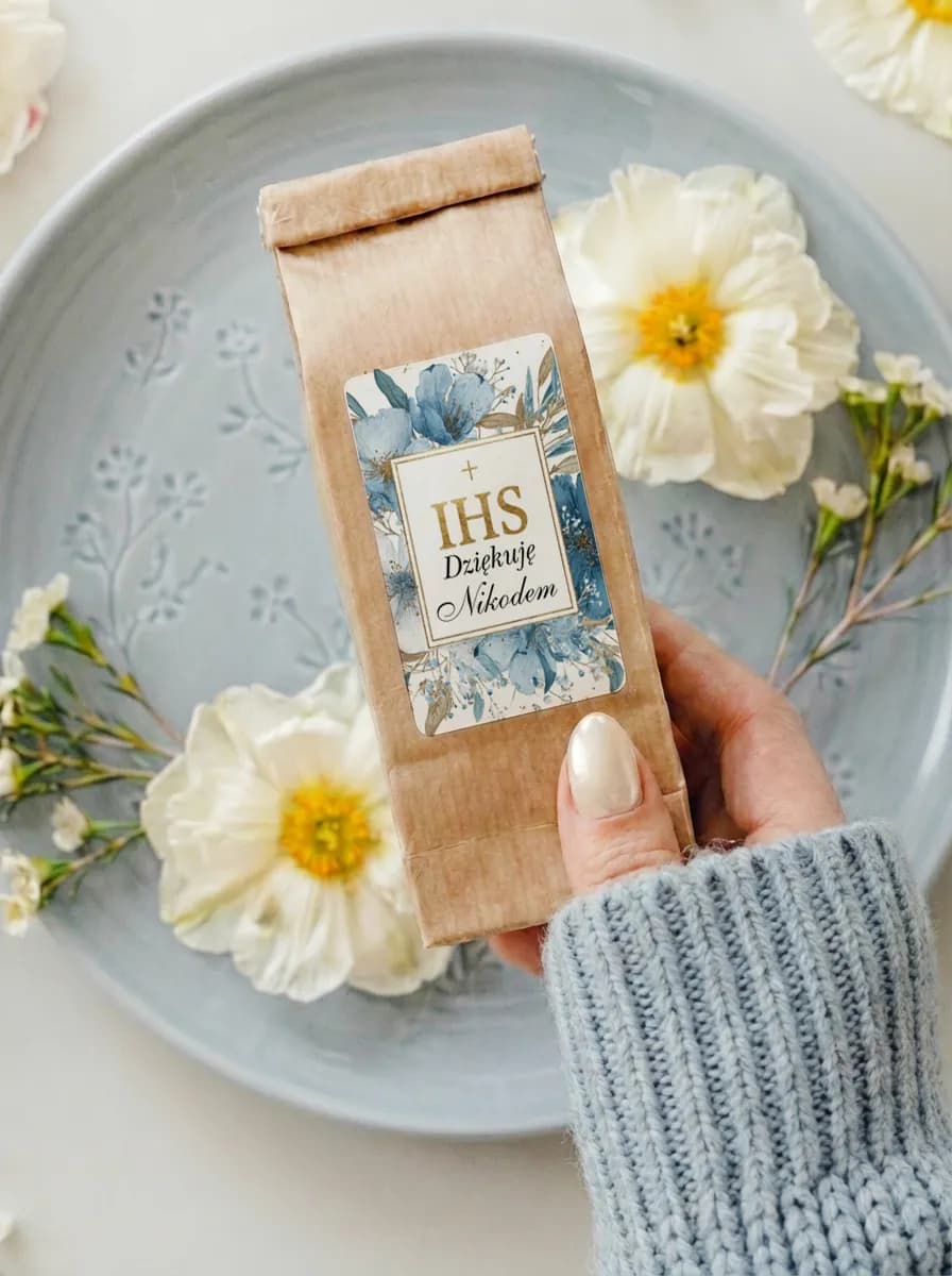 Podziękowania komunijne herbata z niebieskimi kwiatami i symbolem IHS w złotej ramce | prezent na komunię | Matylda nr 24