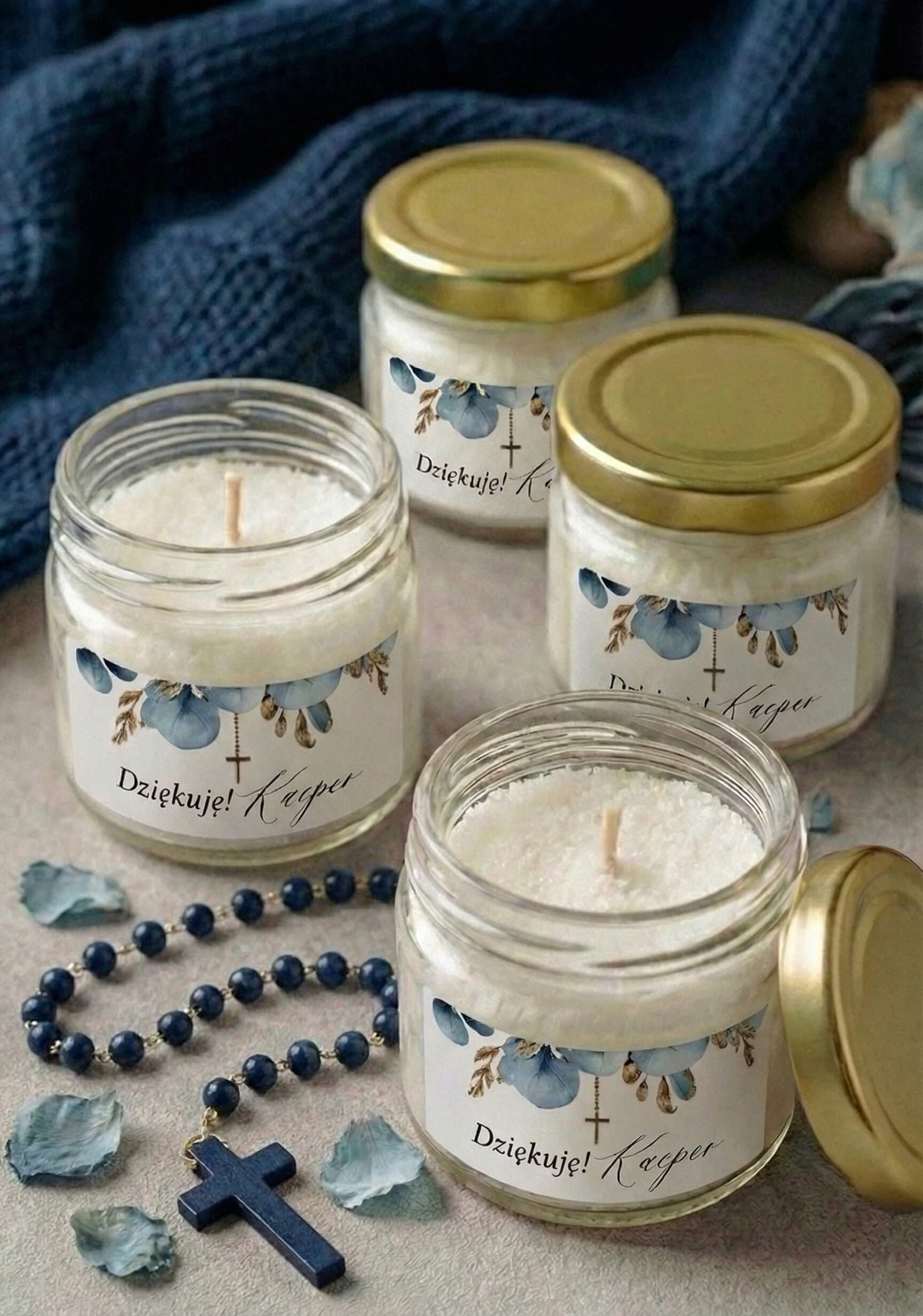 Świeczka Sojowa Matylda nr 7 – Błękitne Kwiaty i Podziękowanie na Komunię