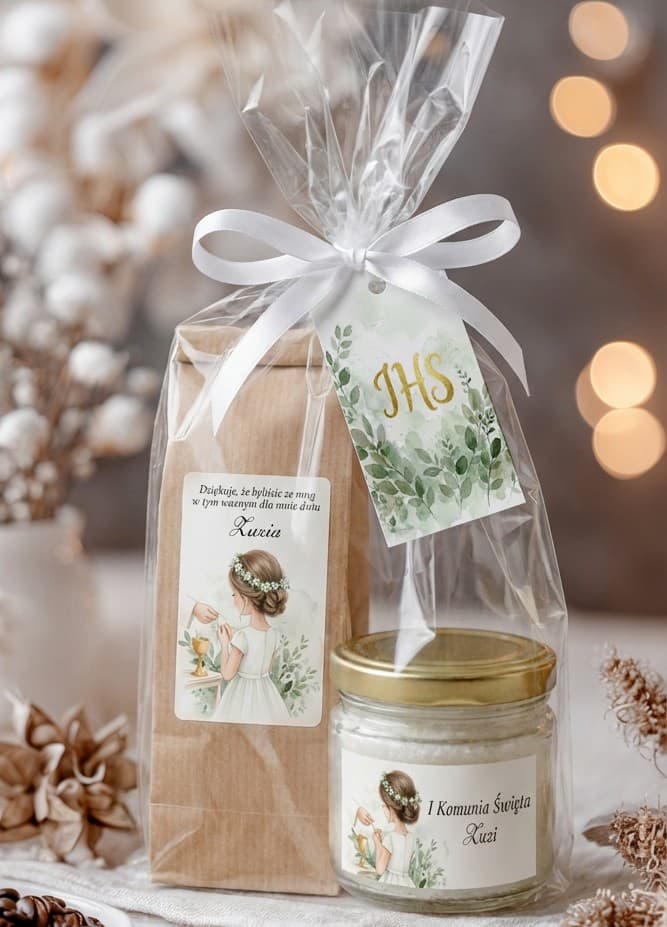 Upominki komunijne herbata ze świeczką, motyw dziewczynki i liści | podziękowania dla gości | Matylda nr 19
