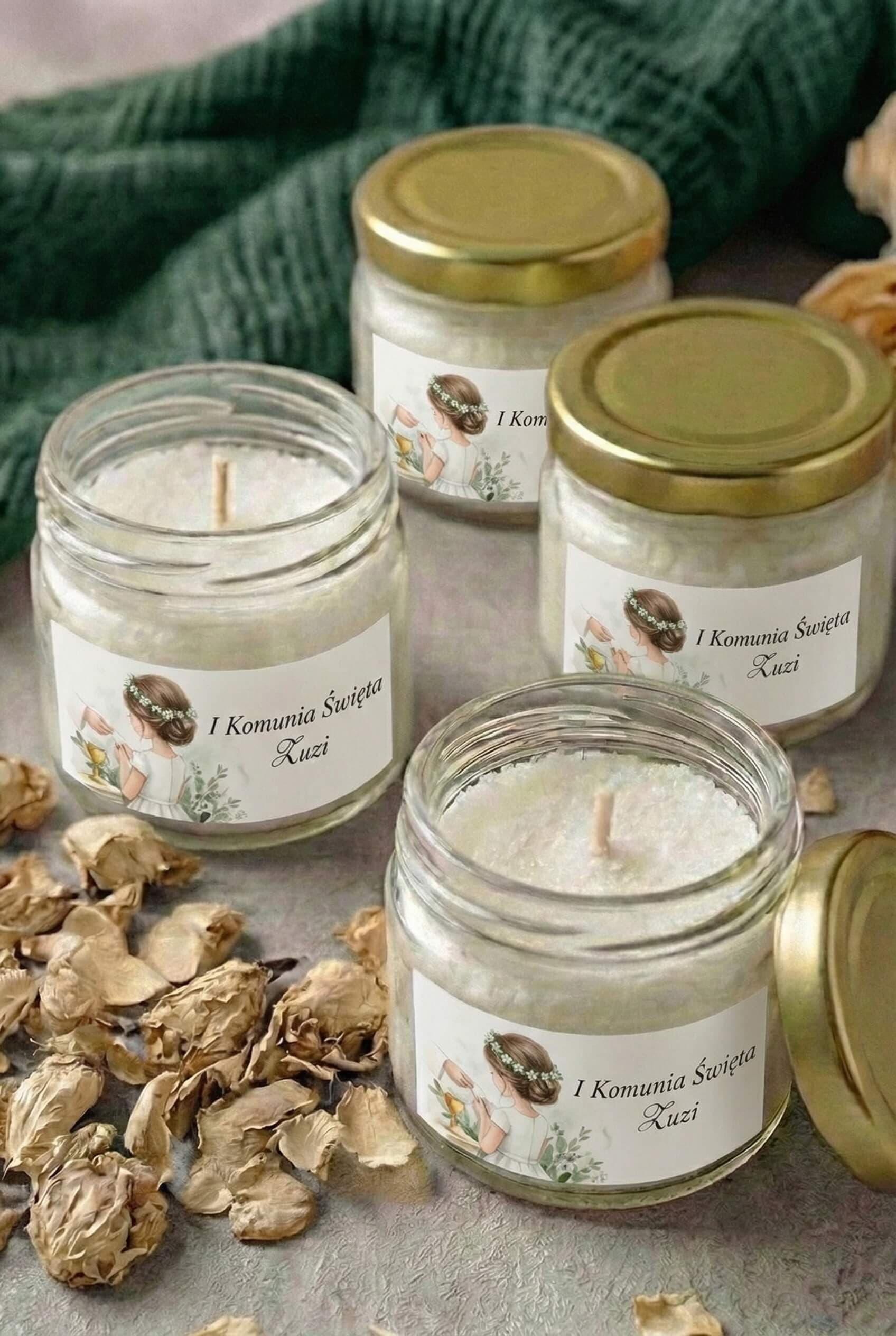 Świeczka Sojowa Matylda nr 19 – Ilustracja Dziewczynki i Podziękowanie Komunijne