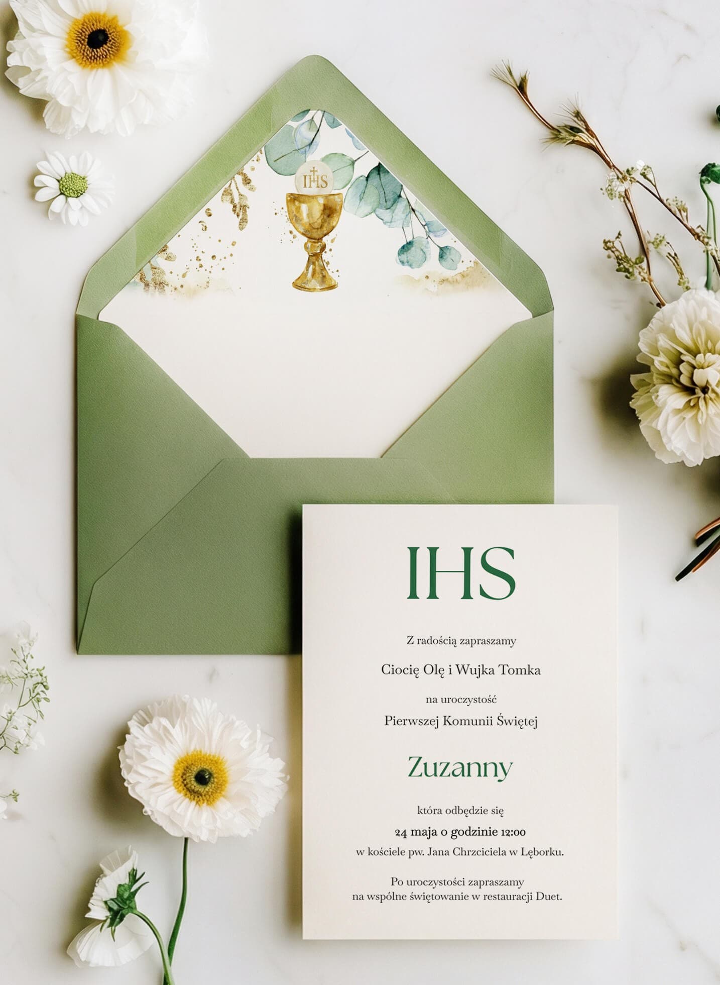 Zaproszenia komunijne z eukaliptusem i IHS – Lukrecja nr 6