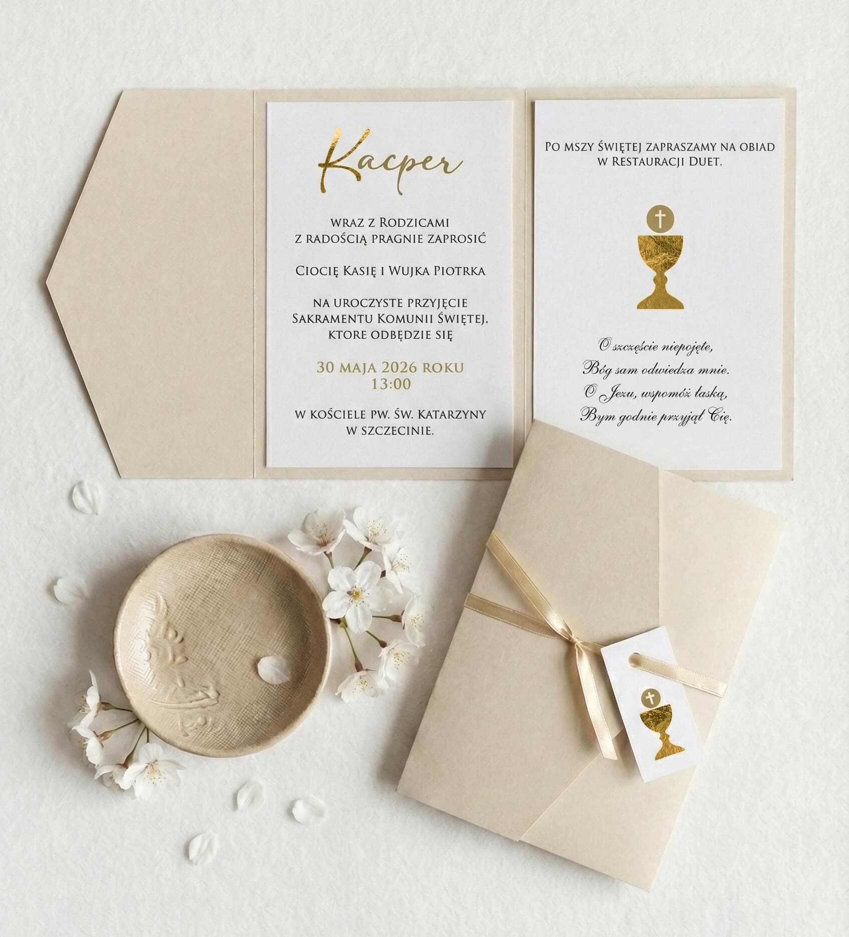 Zaproszenia Komunijne Adelia nr 1 – Beżowe ze Złoceniem