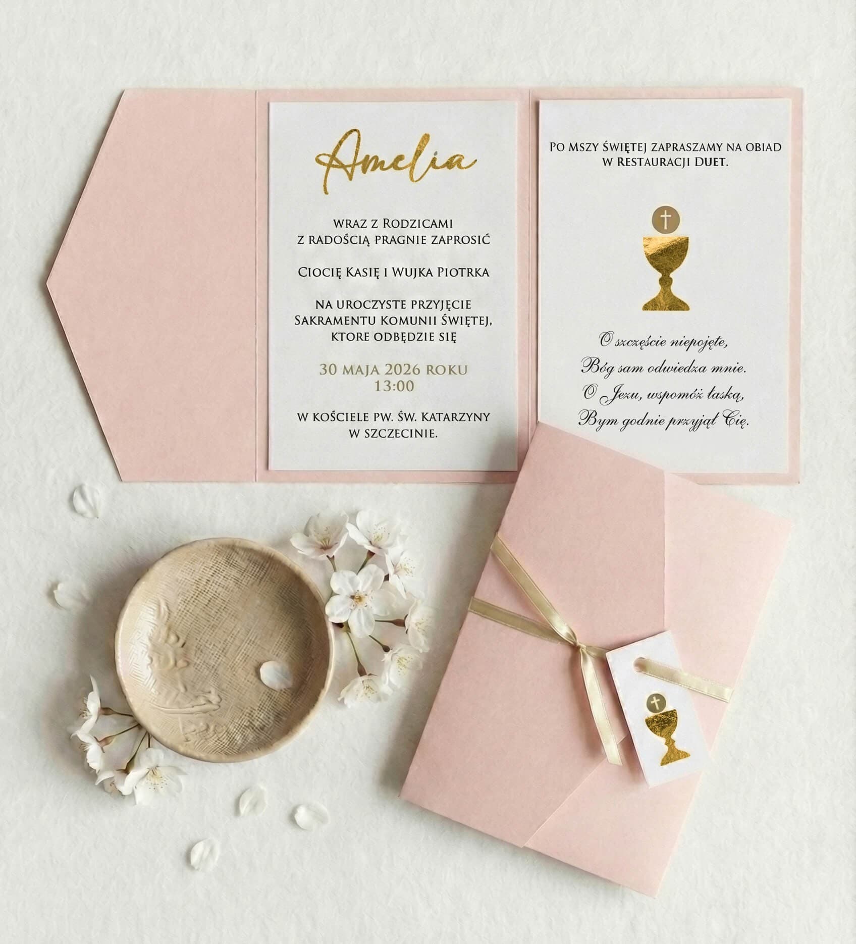 Zaproszenia Komunijne Adelia nr 3 – Pudrowy Róż i Złocenie