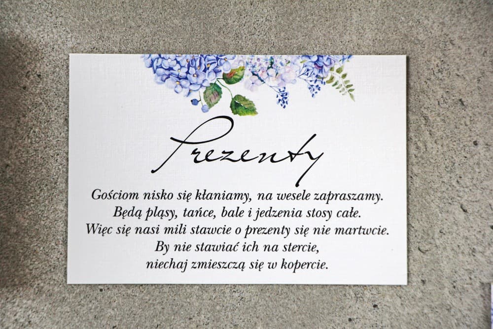 Bilecik do Zaproszeń z Błękitną Hortensją, Wkładka Zamiast Kwiatów | Bileciki i Wkładki do Zaproszeń Ślubnych | Pistacjowe nr 1