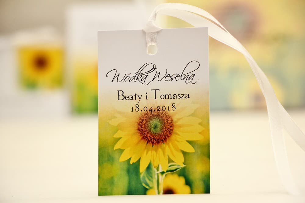 Zawieszki na Wódkę Weselną Słoneczniki | Etykiety na Alkohol, Żółte Kwiaty | Elegant nr 8