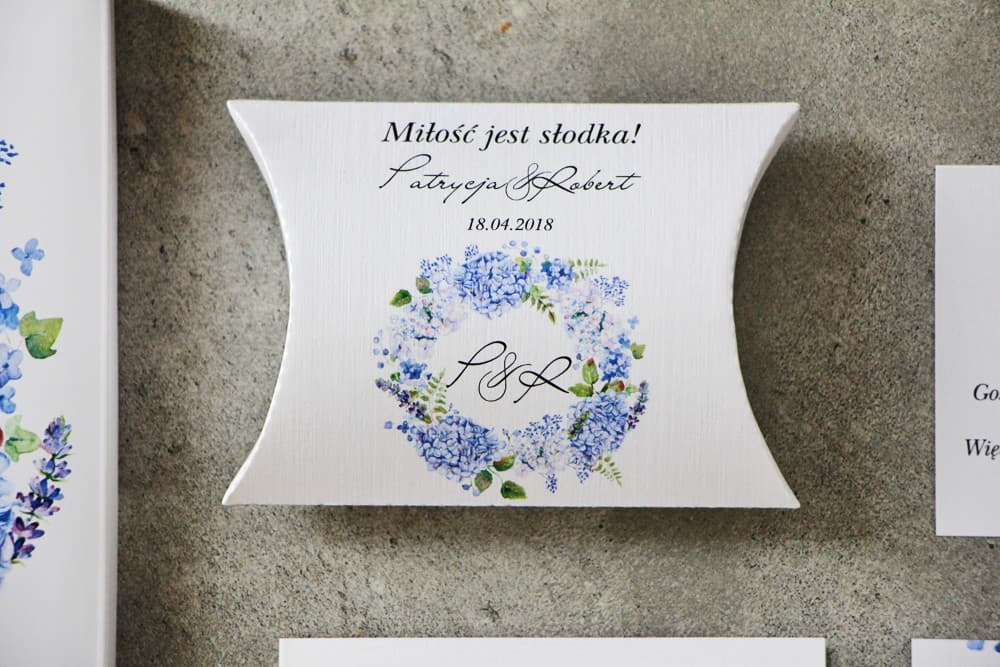 Pudełeczko Poduszeczka z Hortensją, Słodki Upominek dla Gości | Podziękowania Weselne | Pistacjowe nr 1