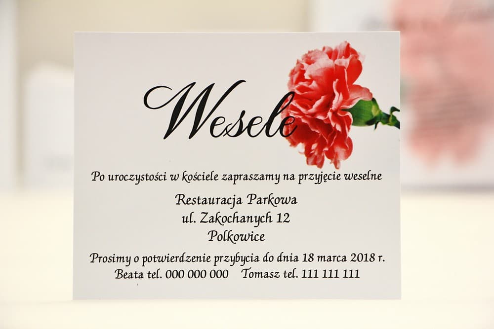 Bileciki do Zaproszeń Różowy Goździk, Personalizowane Wkładki Informacyjne | Bileciki Ślubne 'Zamiast Kwiatów' | Elegant nr 10