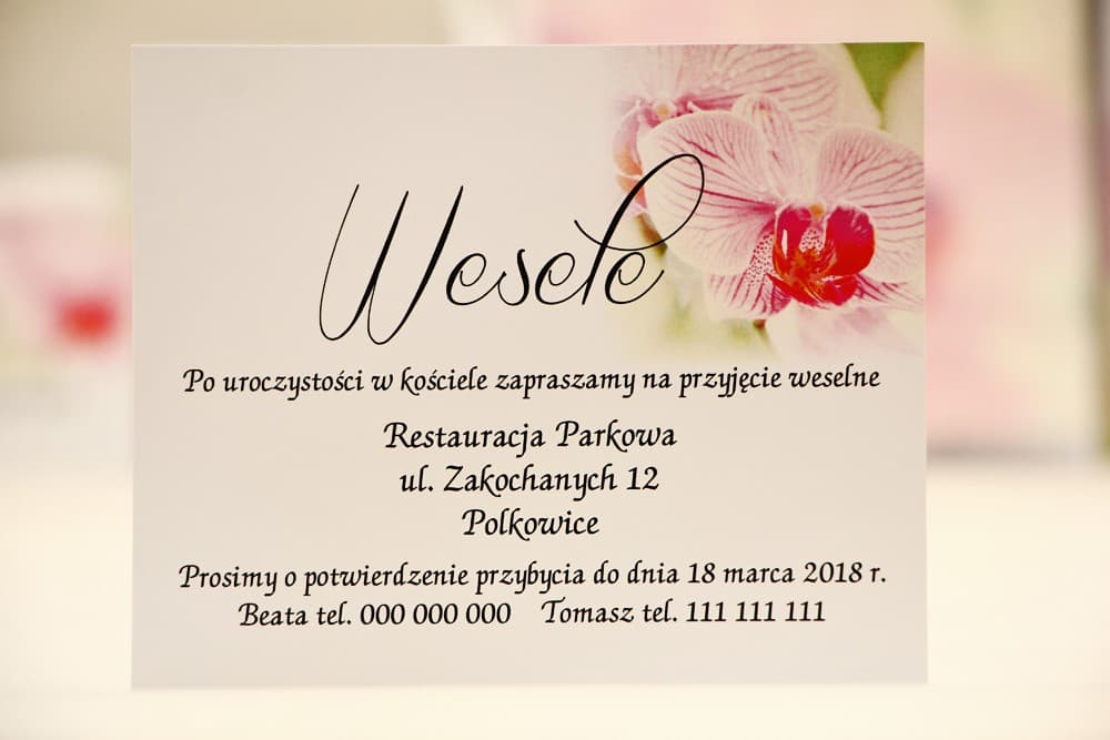 Eleganckie Bileciki do Zaproszeń Różowa Orchidea, Wkładki RSVP | Personalizowane Karteczki Informacyjne | Elegant nr 13