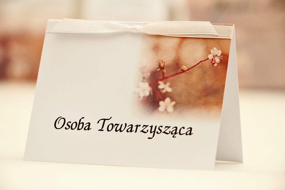 Winietki Ślubne Elegant nr 16 – Wizytówki z Tasiemką i Beżowymi Kwiatami Jabłoni