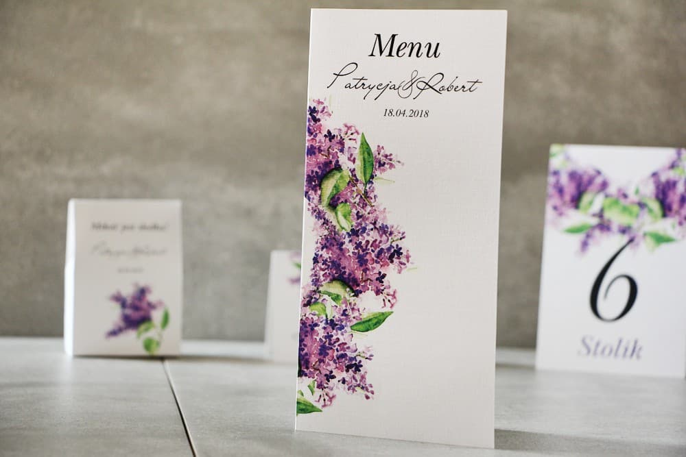 Menu Weselne z Glicynią, Pastelowa Karta Dań na Stół, Fioletowe Kwiaty | Eleganckie Menu na Wesele | Pistacjowe nr 2