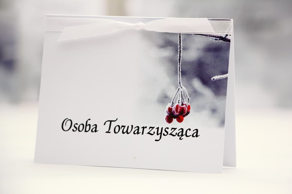 Winietki Ślubne Elegant nr 17 – Wizytówki na Stół z Motywem Oszronionej Jarzębiny