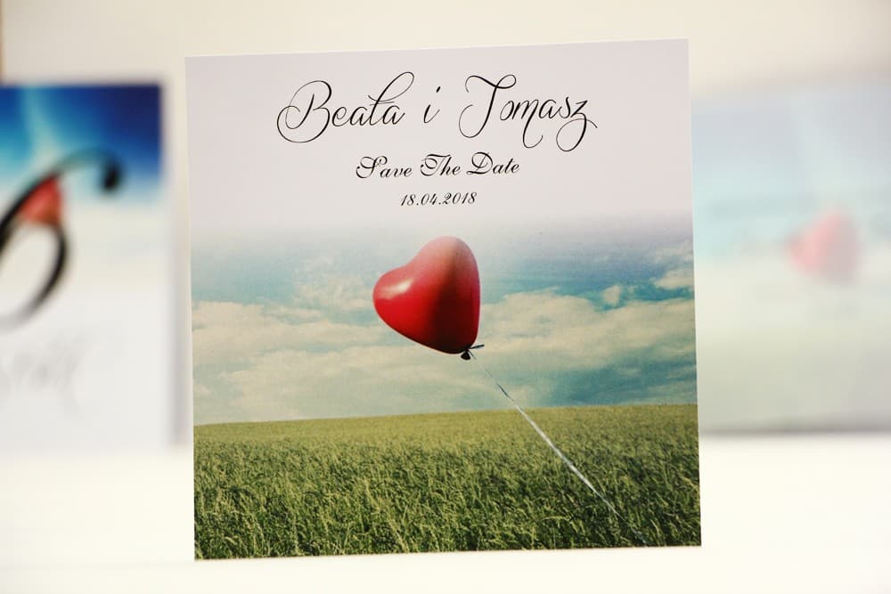 Save The Date Czerwony Balon, Romantyczny Krajobraz | Zawiadomienia o Ślubie, Karty Zarezerwuj Datę | Elegant nr 19