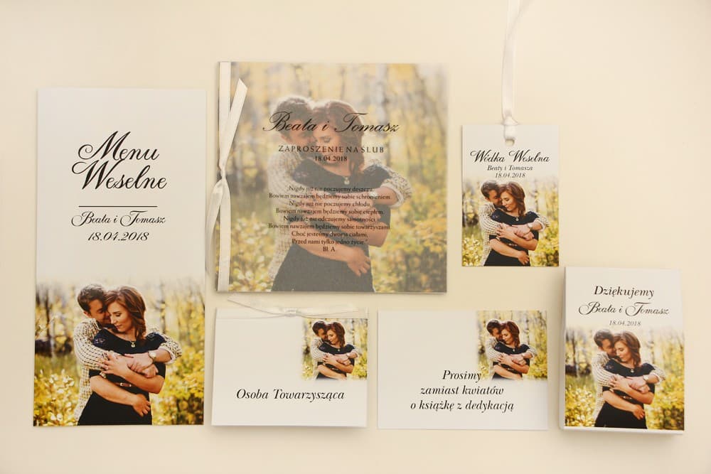 Zaproszenia ślubne ze zdjęciem na kalce przewiązane tasiemką w nowoczesnym stylu Elegant nr 22 - 2