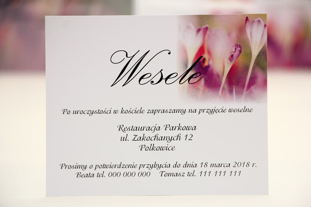Bilecik do Zaproszeń Fioletowe Krokusy | Wkładka Informacyjna, Rebus, RSVP | Elegant nr 24