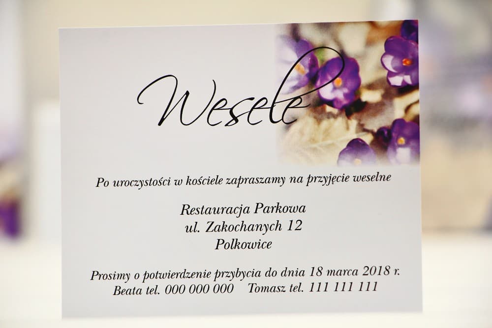 Wkładki do zaproszeń Fioletowe Krokusy | Bileciki informacyjne, satynowe karteczki do zaproszeń | Elegant nr 26