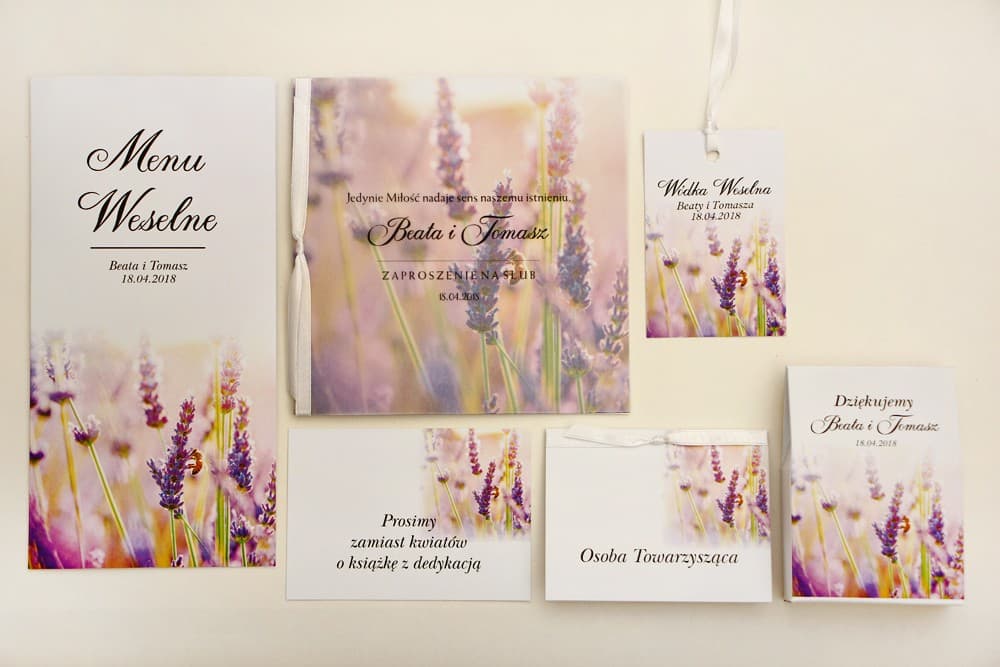 Zaproszenia ślubne kwadratowe z kalką i fioletową lawendą – Elegant nr 28