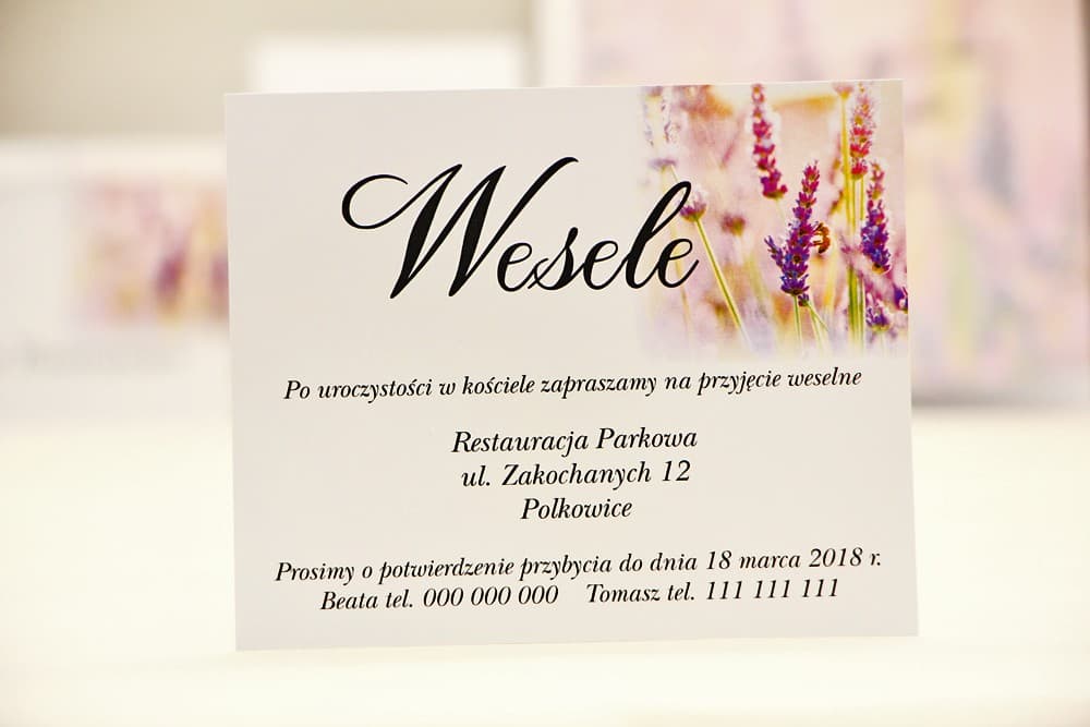 Bileciki do zaproszeń z motywem lawendy | Wkładki ślubne jesienne, personalizowane | Elegant nr 28
