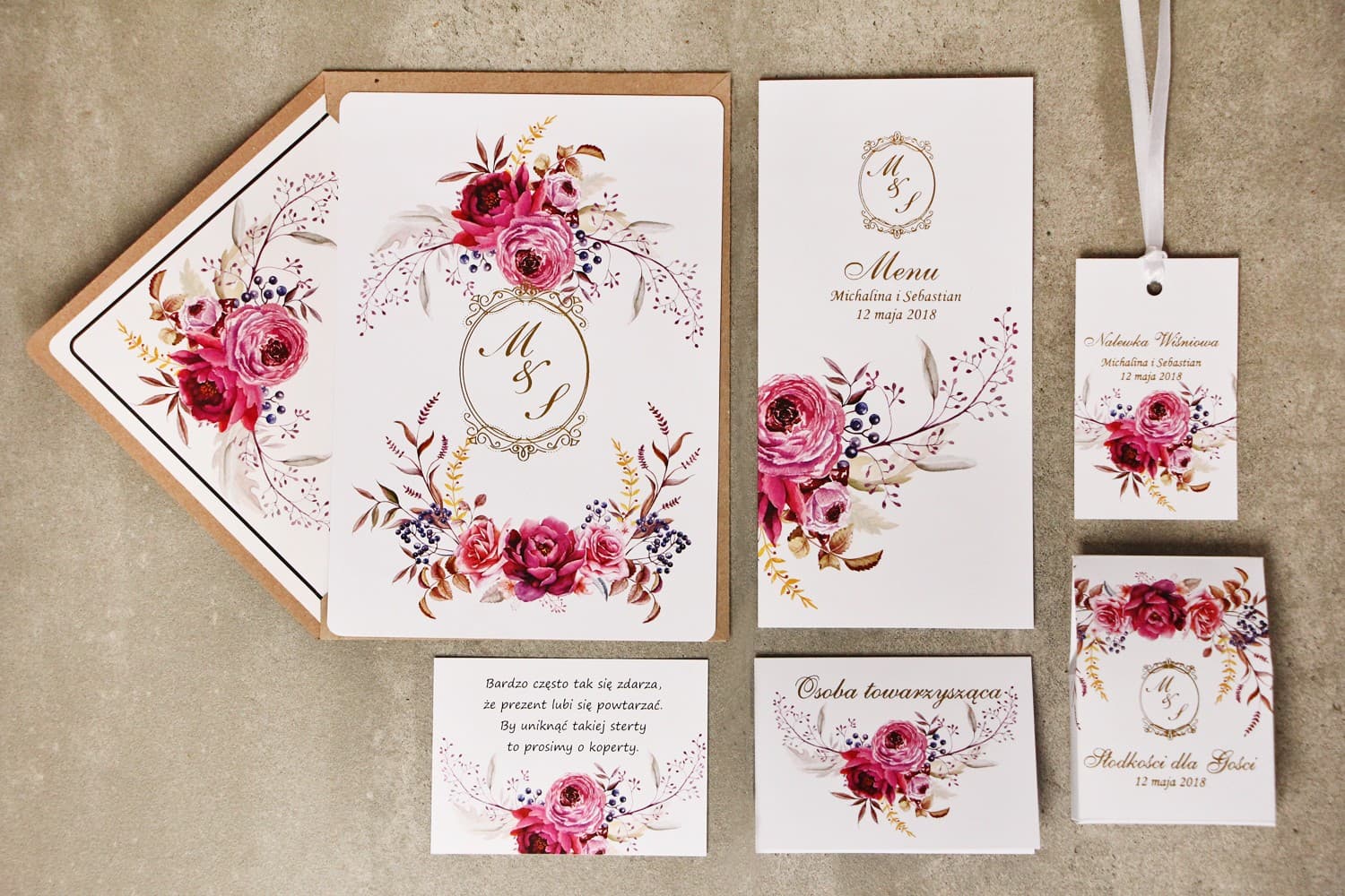 Zestaw Próbek Papeterii Ślubnej z Bonem - Kwiaty Fuksja, Złocenie | Próbki Zaproszeń Ślubnych | Sorento nr 3