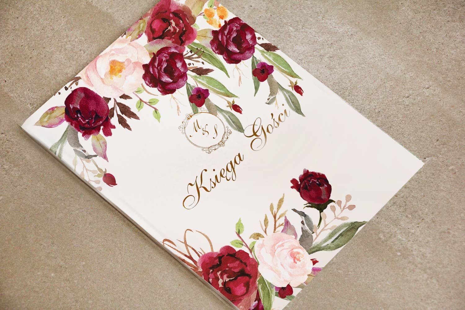 Księga Gości w Czerwone Kwiaty, Złocone Napisy | Personalizowana Księga Weselna A4 | Sorento nr 7
